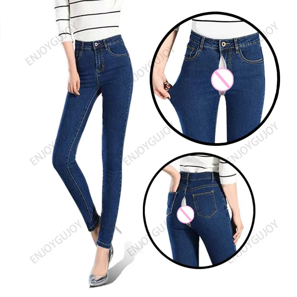 

Exotic Blue Trousers,Small Feet Jeans Women,Invisible Open Crotch Outdoor Sex Elastic Tight Trousers,Slimming Pencil Leggings