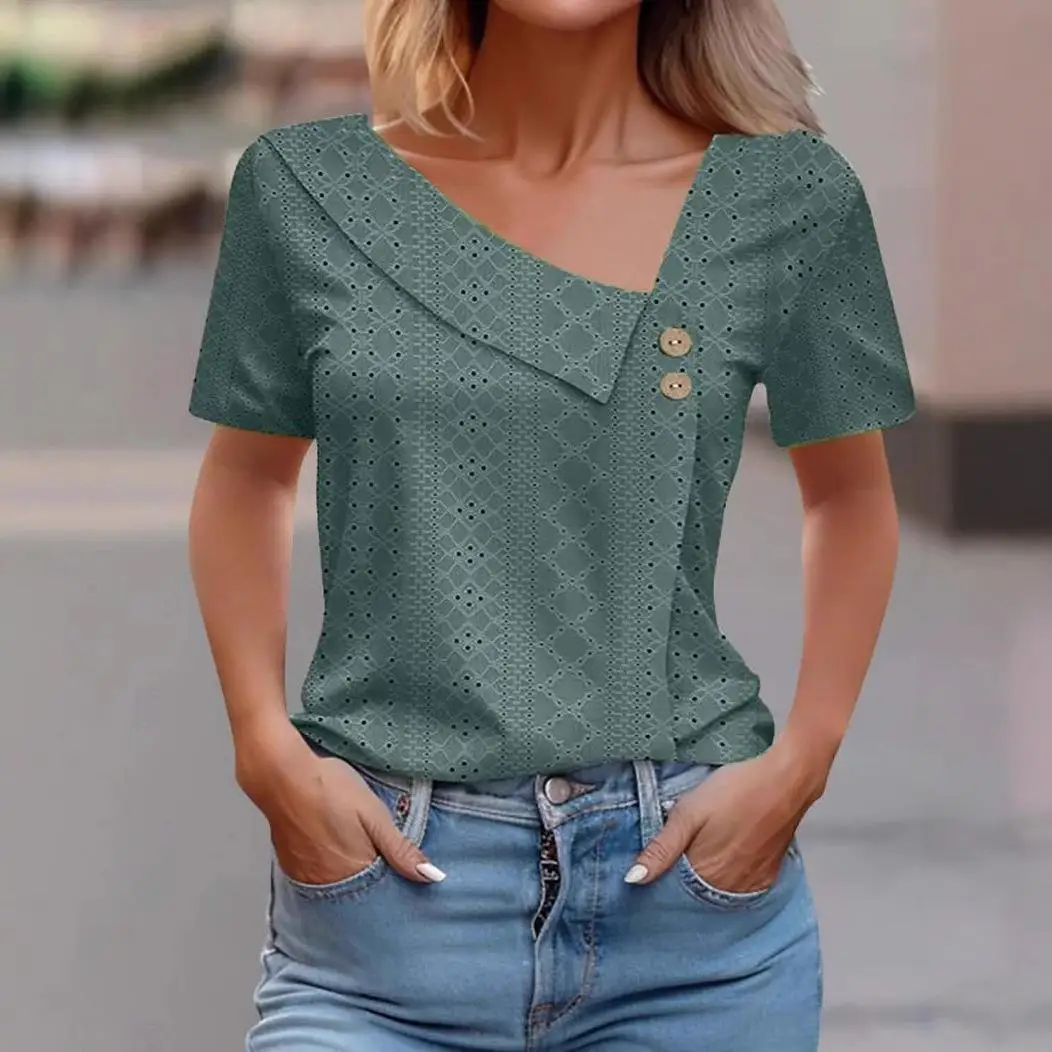 

Женская свободная футболка из смеси полиэстера на пуговицах, повседневный топ в европейском стиле, ort Sve No Brand Registered