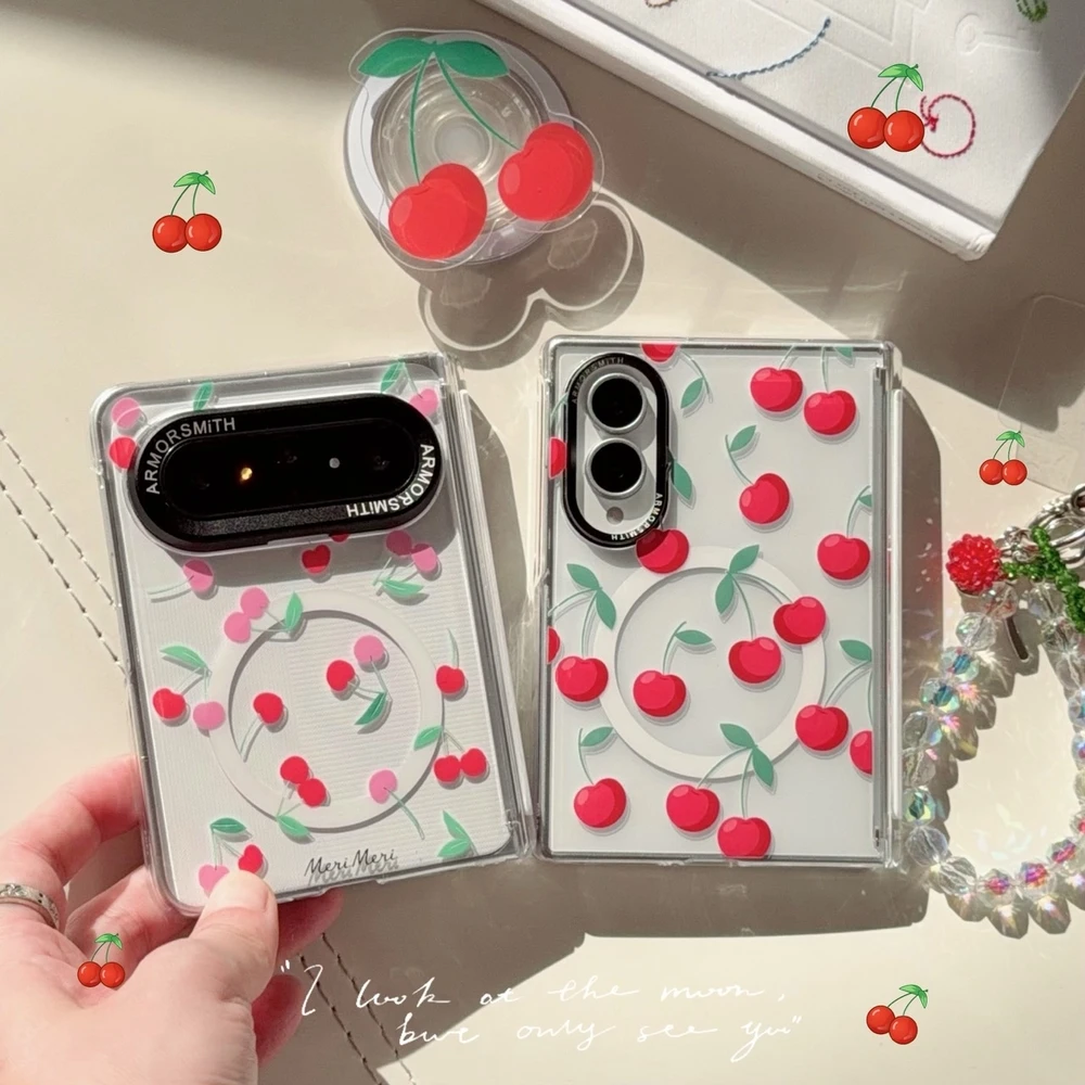 Cute Fruit Cherry Transparent Magnetic Holder Magsafe Wireless Charge Phone Case For Samsung Galaxy Z Fold 8 7 Hard Cover