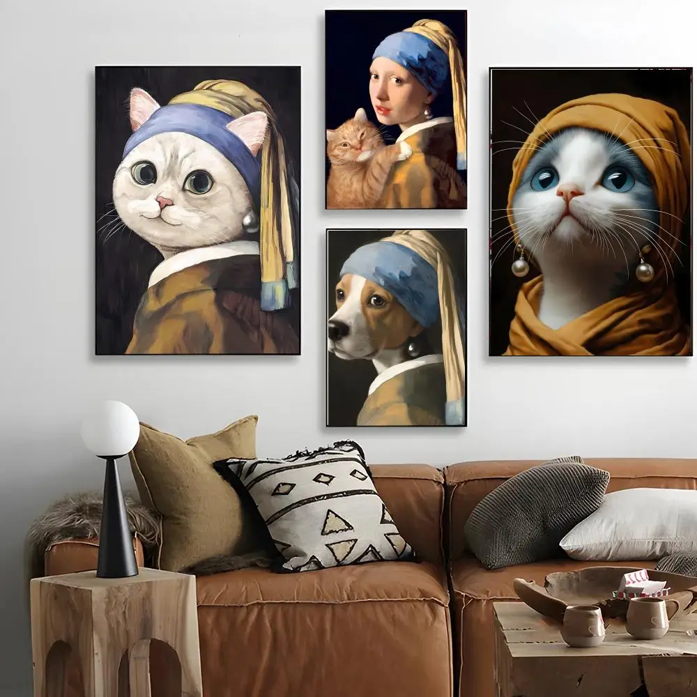 Whimsical Artistic Cat Dog Wearing A Pearl Earring Poster retro art living room decoration bar Promotional