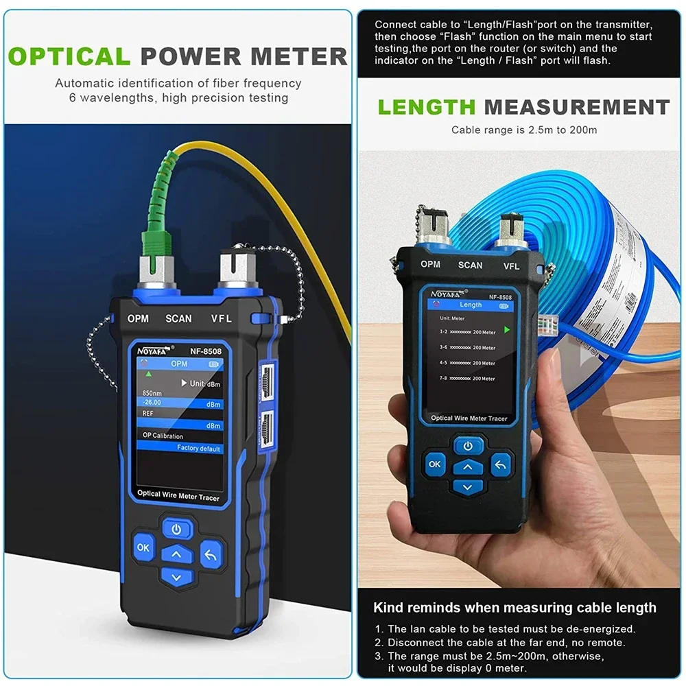 NOYAFA NF-8508 LCD Cable Tester Measure Length Wiremap PoE Testing VFL&OPM CAT5 CAT6 RJ45 Tester Cable Locator Inspection Tools