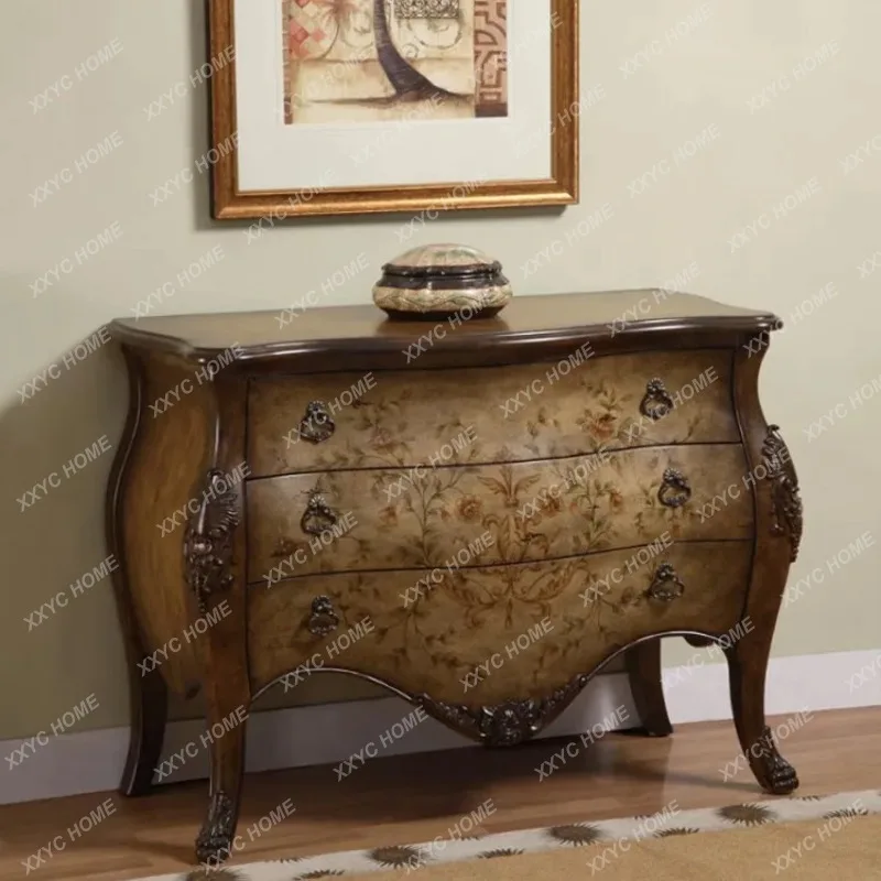 Q  solid wood retro hand-painted large-capacity three-bucket cabinet living room storage cabinet