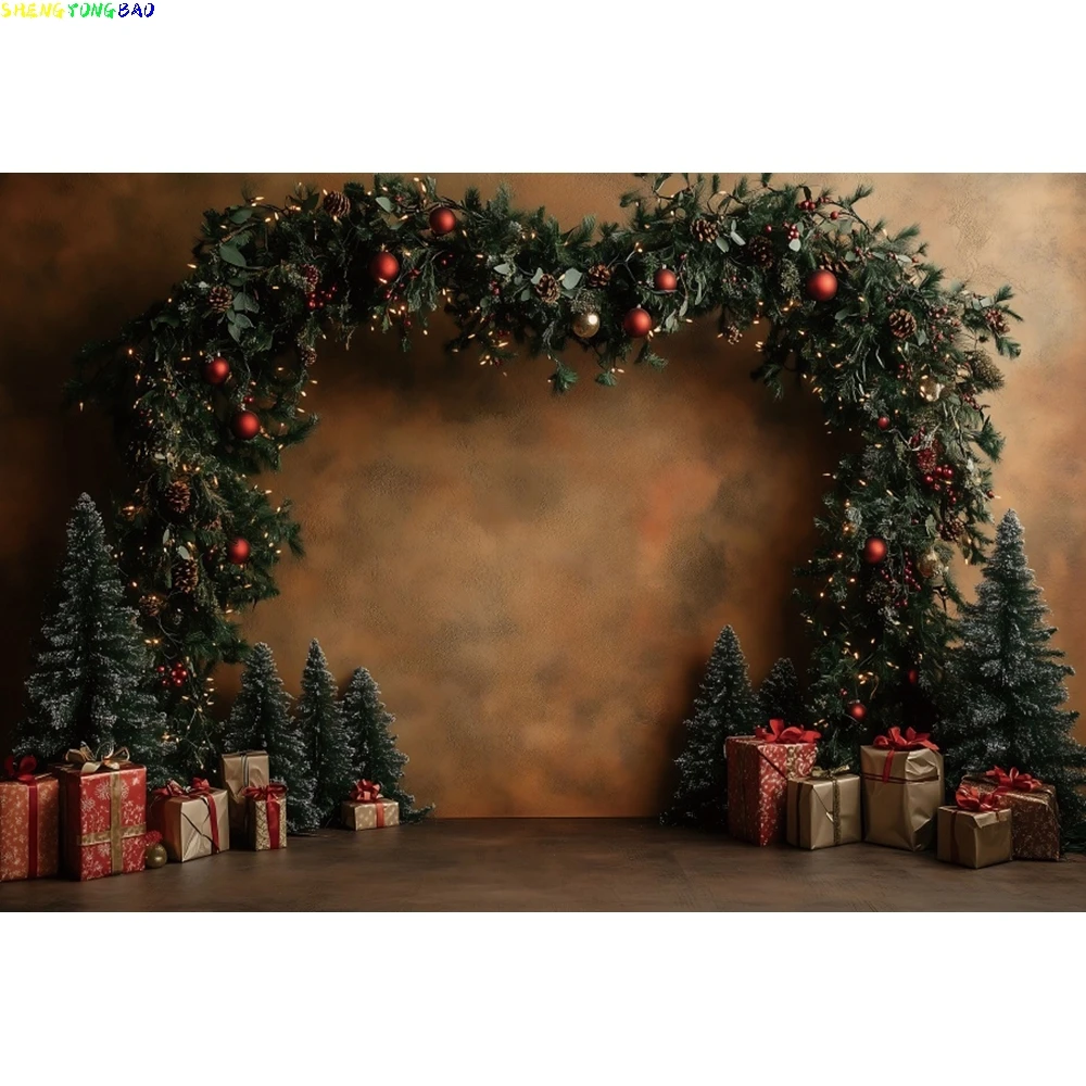 Christmas Arched Door Photo Backdrop Vintage Xmas Wooden Floor Photography Background Gifts Kids Family Party Decor Photo Studio