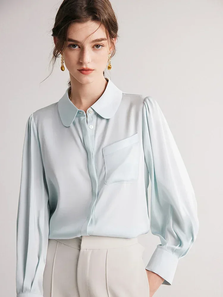 Suyadream camisas femininas sólidas 90% seda 10% elastano bolso no peito mangas bufantes blusas chiques 2023 outono inverno senhora do escritório topo azul