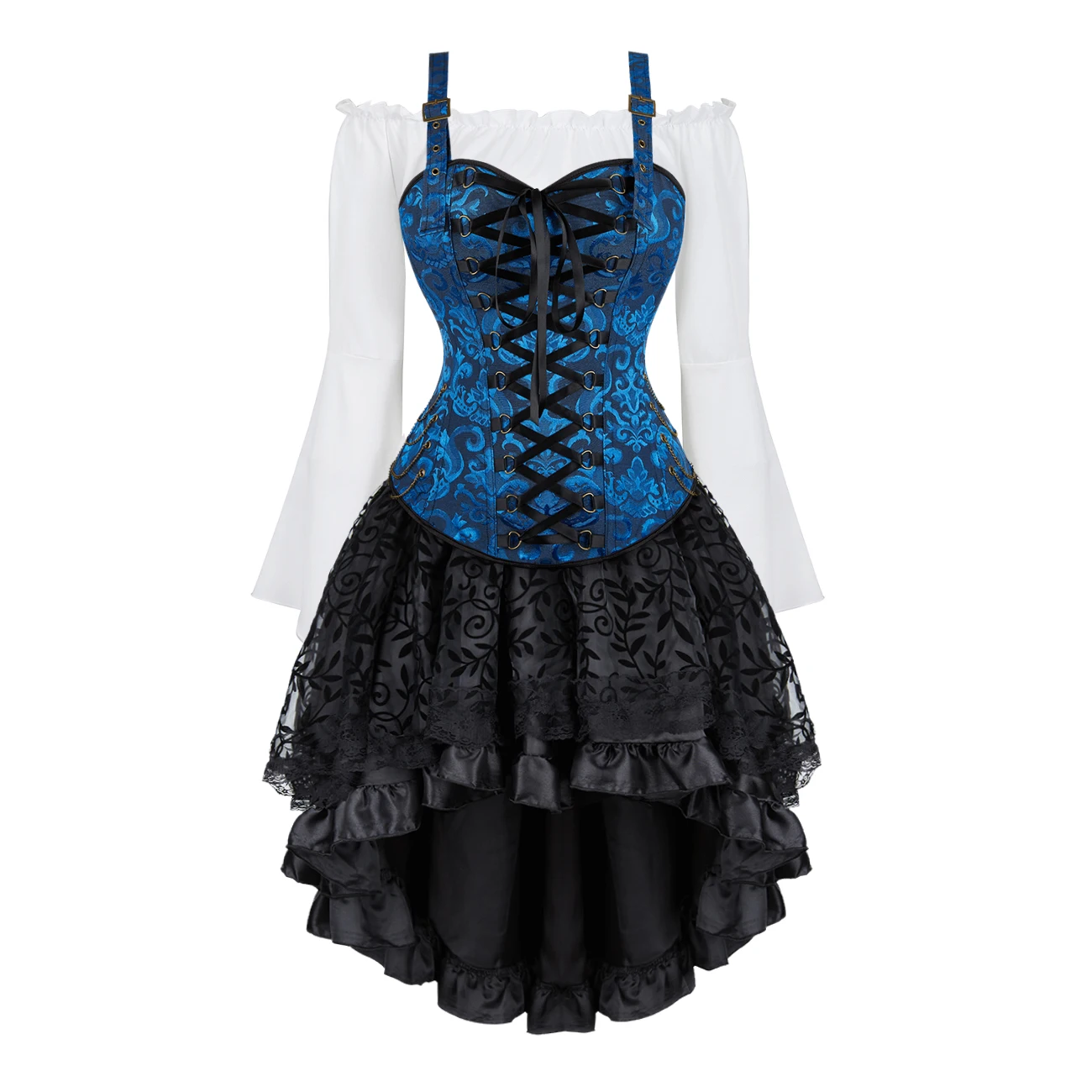 Vestido espartilho steampunk para mulheres, espartilho gótico com alças, fantasia cosplay de halloween, conjunto de 3 peças