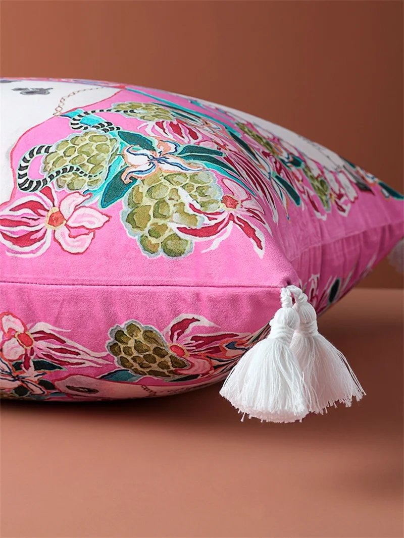 Chinoiserie Zebra With Asian Peonies Cushion Cover Luxury Mystical Animals Decorative Pillowcase With Tassels Cute Soft Velvet