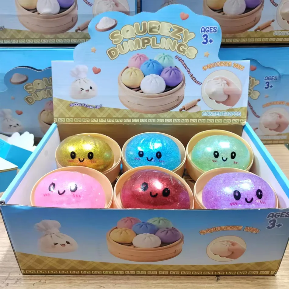 Glitzernde Dumpling Squishies Spielzeug-Box Bun Baozi Dumpling Mystery Box Bunte Lebensmittel-Squishies Sensorisches Fidget-Spielzeug Anti-Stress-Quetschball
