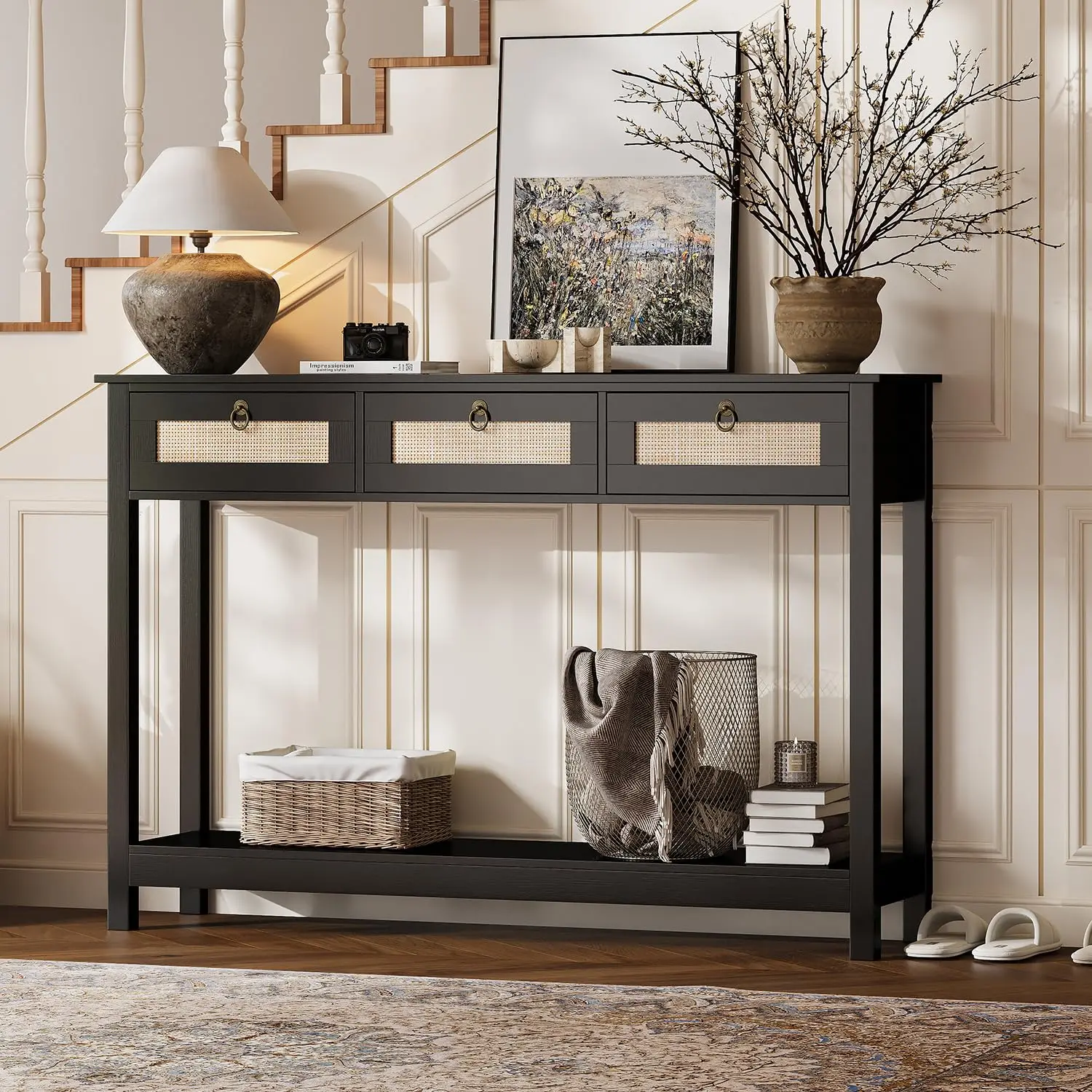 Rattan Console Table Narrow Entryway Sofa Table with 3 Drawers, Customized