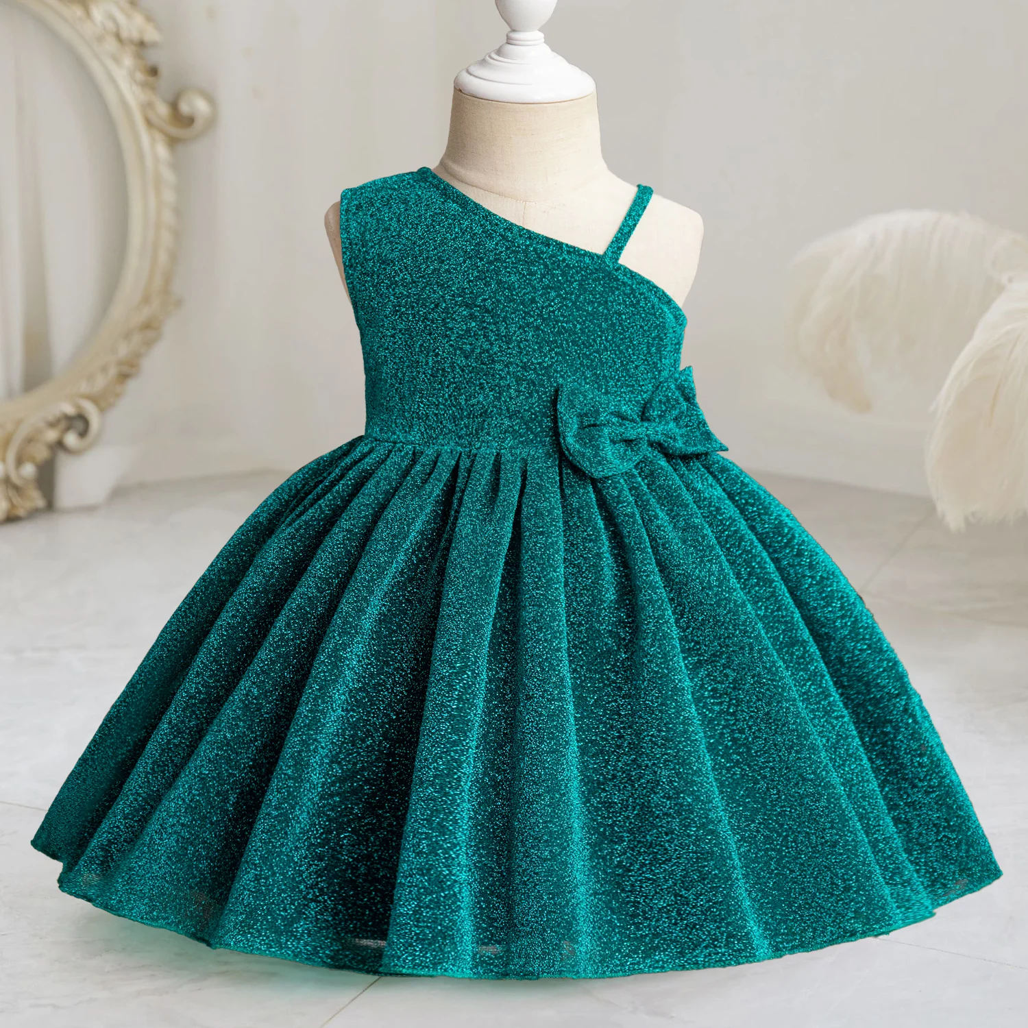 3-8 Years Kids Girls Princess Dress Children\'s Birthday Wedding Chrisrmas Dress One Shoulder Elegant Velvet Sequin Evening Dress