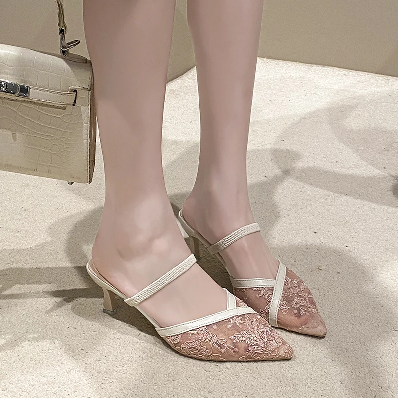 Sexy lace one-strap fashion slippers Women's new summer style high-heeled pointed-toe French-style back-swept slippers Plus-size view 5