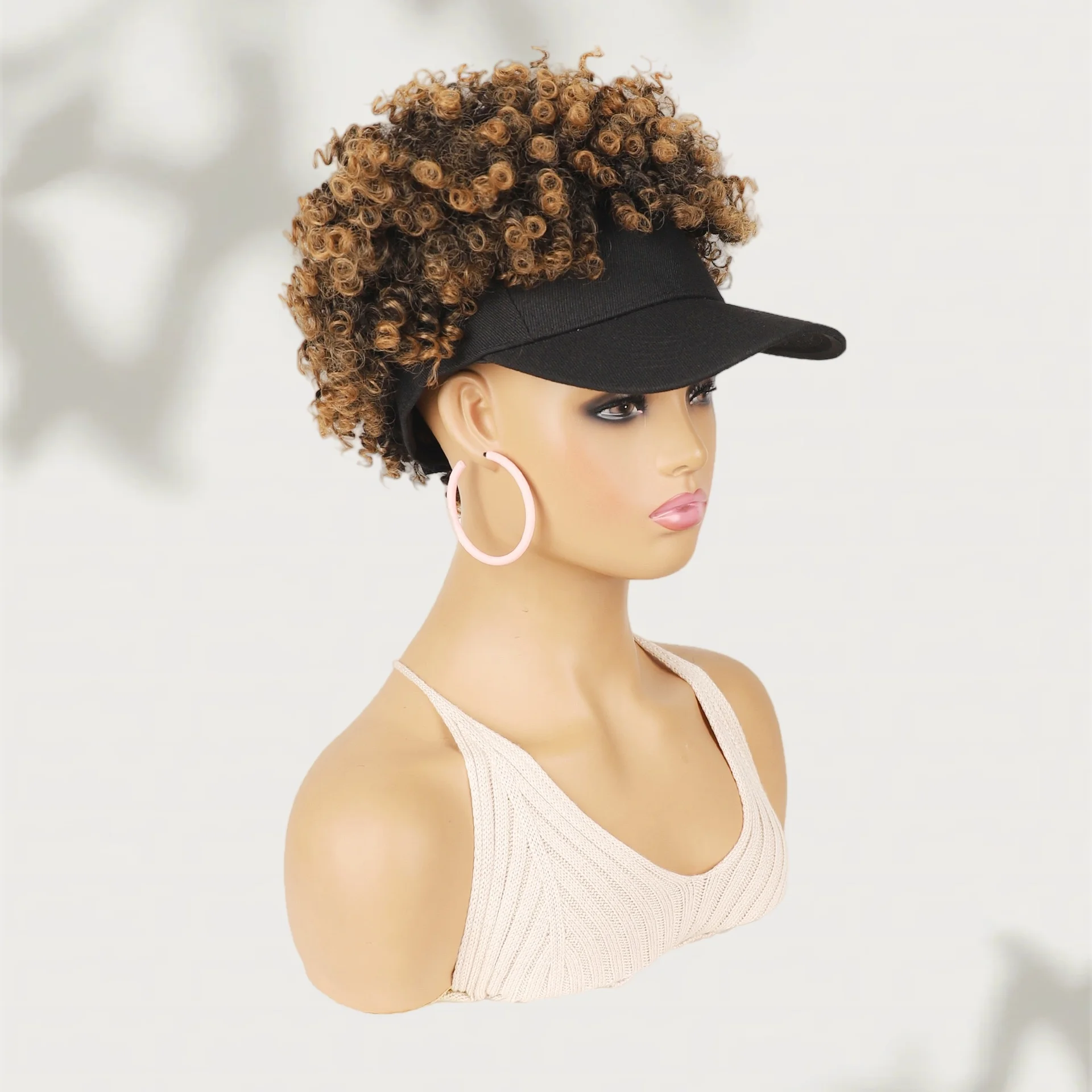 Women's Hat Wig with Afro Kinky Curly Synthetic Hair, Short Spring Curl Wig Hat for African American Daily Wear