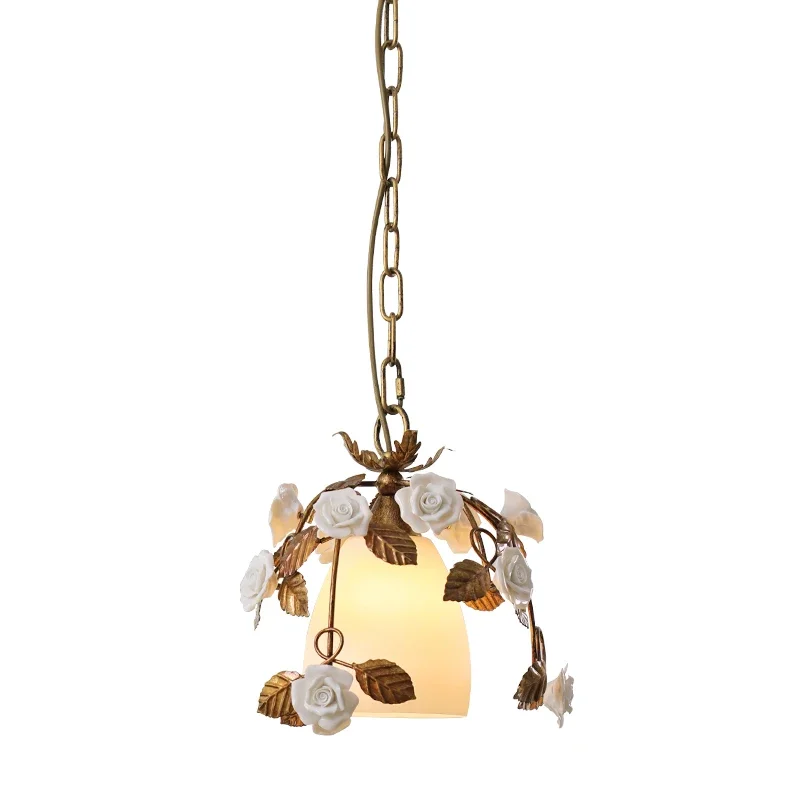 

French pastoral ceramic rose chandelier retro light luxury warm romantic atmosphere bar counter