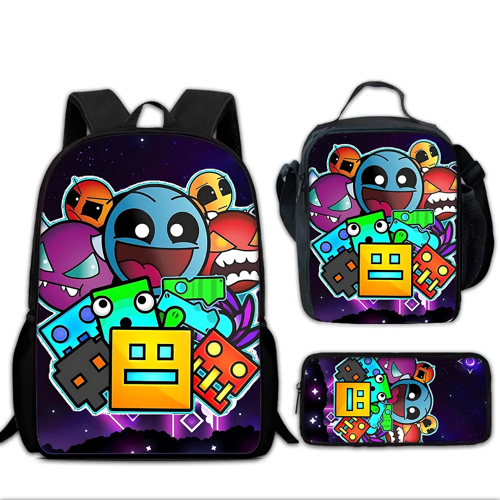 Cartoon Games Angry Geometry Dash Child School Backpack with Lunch Bags ,Pencil Bags ,School Bags for Boys Girls Best Gift