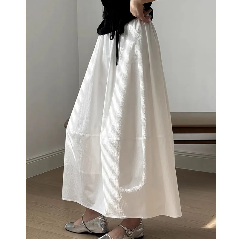 White Flower Bud A-Line Midi Skirt Women's Spring Summer Autumn Lazy Style High Waist Elastic Korean System Versatile Skirt