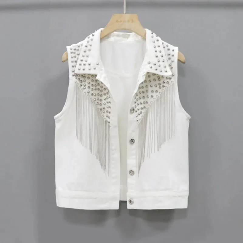 Women Sleeveless Short Jean Coat 2023 New Female Single Breasted Black White Rivet Tassel Denim Vest Sleeveless Waistcoat Jacket