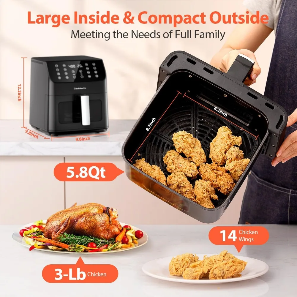 Beelicious Friggitrice ad aria grande da 5,8 QT, Friggitrice digitale 12 in 1 con finestra trasparente, oltre 40 ricette, tecnologia Flavor-Lock, Promemoria Shake, Com