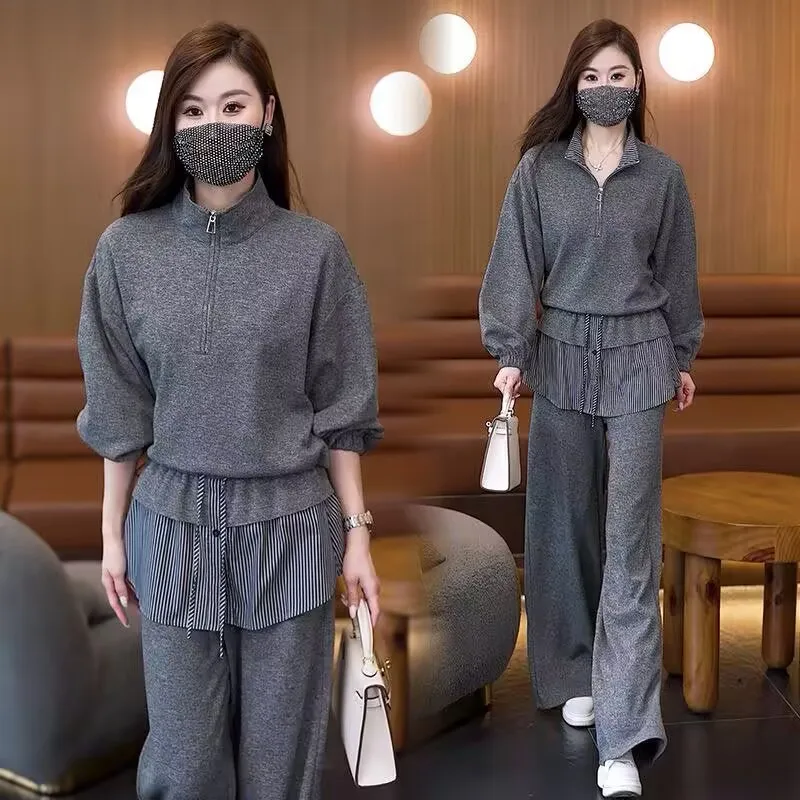 Fashionable Women's 280g Cashmere-Like Set with Stand Collar Sweatshirt And Wide Leg Pants Striped Two-Piece Suit for Spring ...