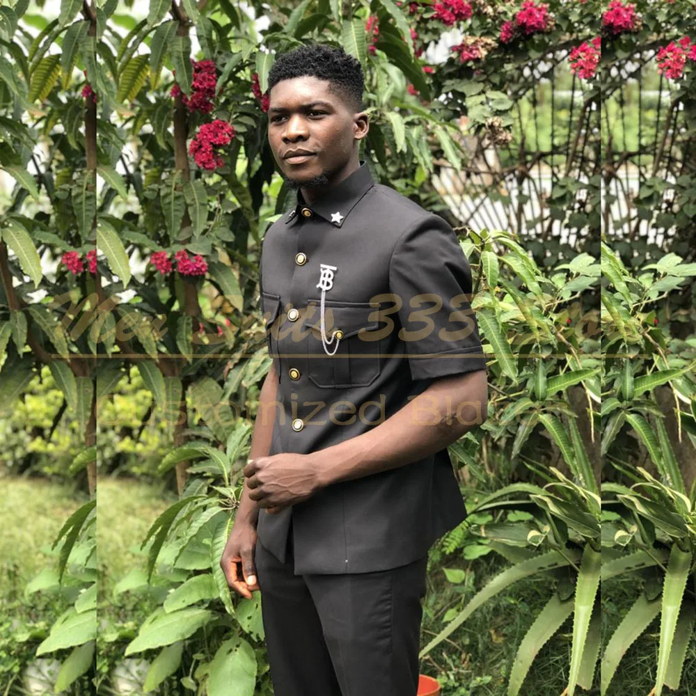 

KSDN Bespoke Short Sleeve Men's Suits High Quality Single Breasted Stand Lapel Slim Fit 2 Piece Jacket Pants Outfits Costume
