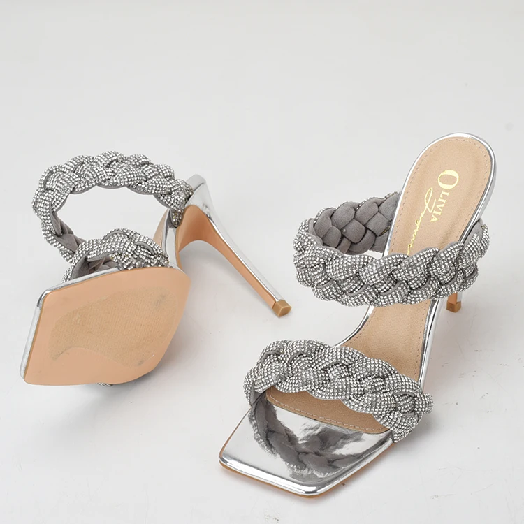 Sparkling Braided Luxury Rhinestone Large Size Double Belt Ultra High Heel Apricot Square Head Open-toed Half-tow Women Sandals