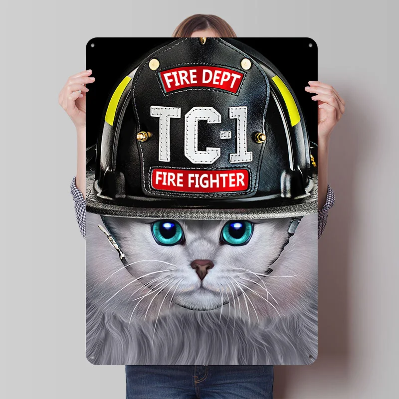 Brave Firefighter Cat Tinplate Poster Custom Wall Art Vintage Metal Signs Retro Tin Plaque for Living Room Decorations Man Cave