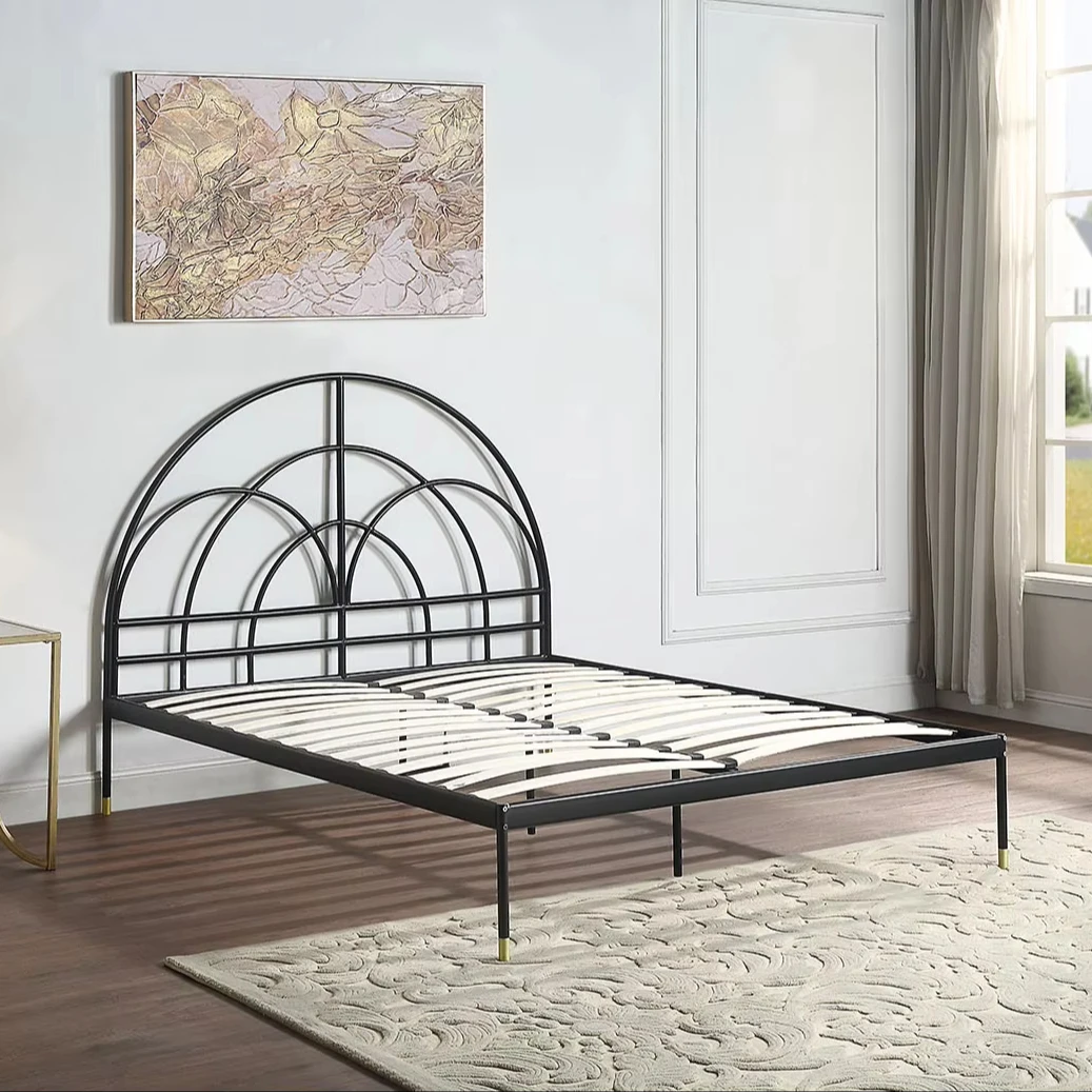 yh-Italy Curved Round Headboard Modern Gothic Style king Size Black Iron Metal Bed！