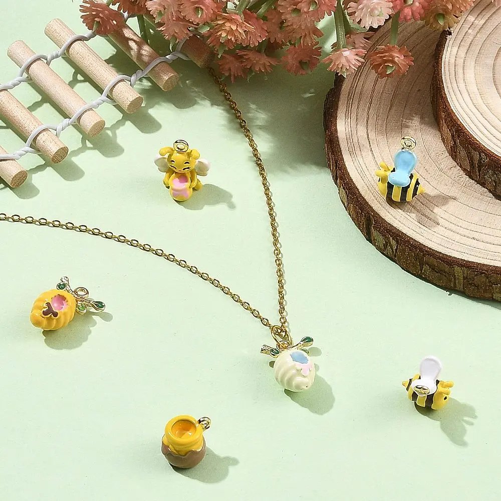 6pcs Yellow Enamel Cute Bee Honey Jar Charms Alloy Cartoon Insect Animal Pendants for DIY Jewelry Making Bracelet Necklace Decor