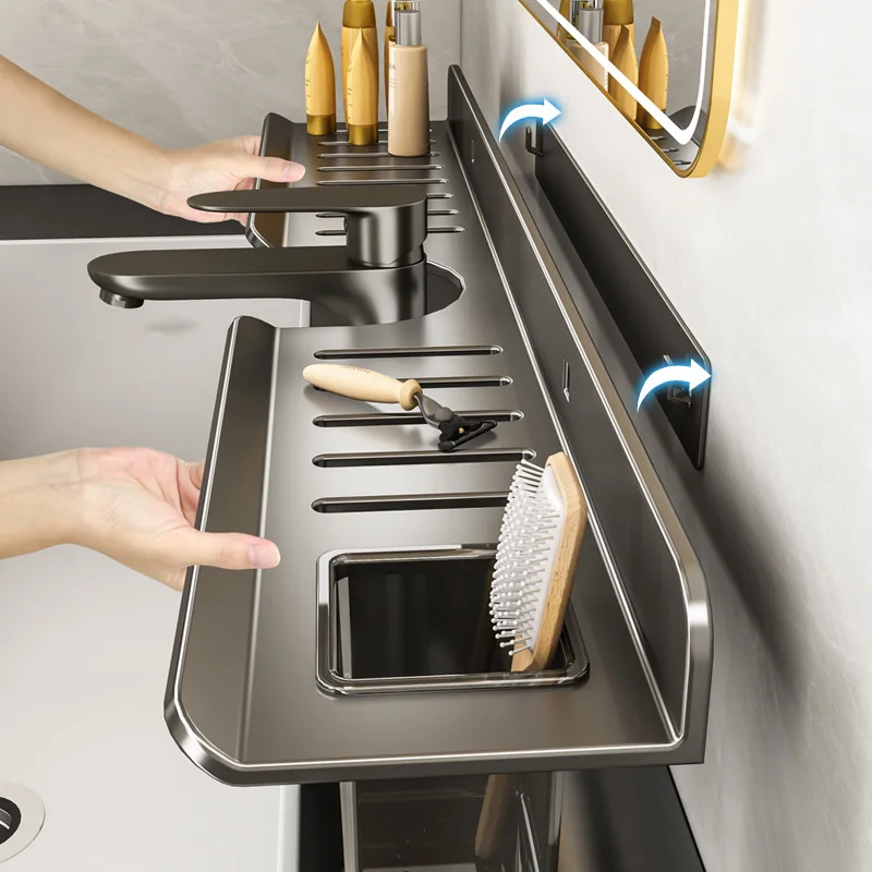 Wall-Mounted No-Drill Aluminum Alloy Bathroom Faucet Organizer Mirror Sink Storage Rack Towel Racks For Washstand Basin Toilet