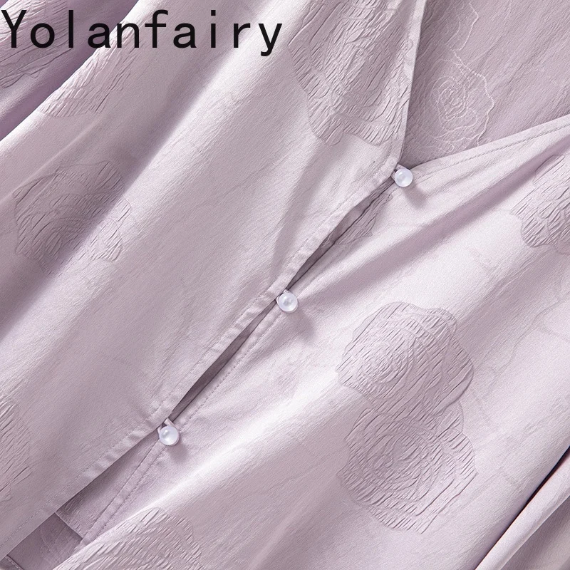 YOLANFAIRY 93% 멀 베리 실크 긴 소매 셔츠 여성 우아한 보라색 여름 탑 새틴 로즈 통기성 셔츠 여성 카디건