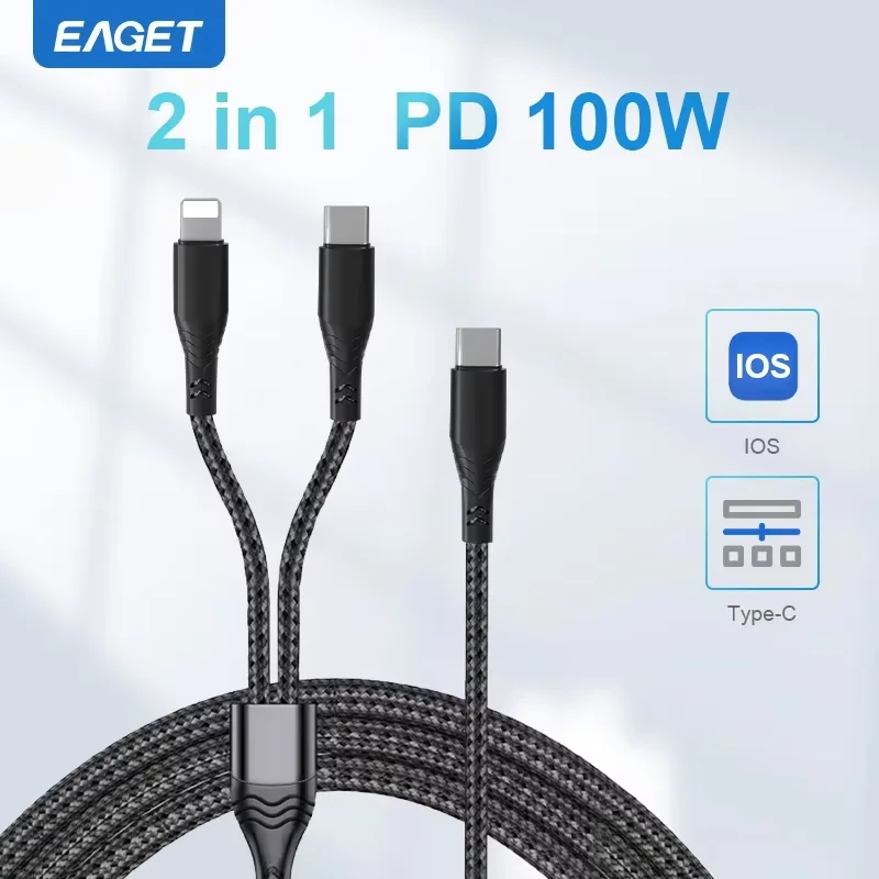 Eaget 2 в 1 USB C-кабель для iPhone15 16 100 Вт PD Type C to C to Lightning QC 4.0 Кабель для быстрой зарядки Тип C Кабель для ПК Samsung