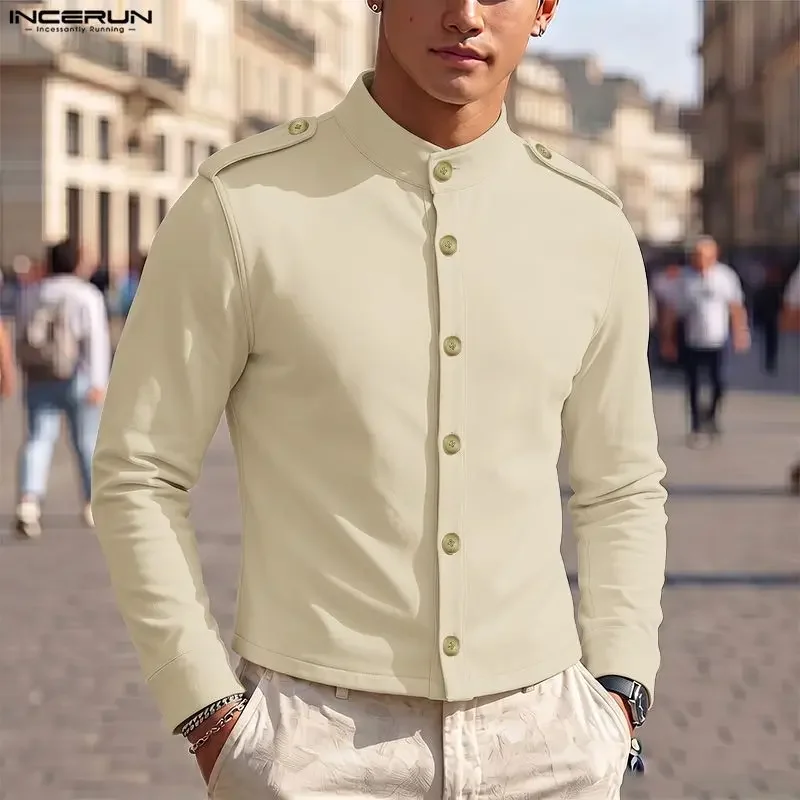 INCERUN Herrenhemd Einfarbig Stehkragen Langarm Knopfleiste Männer-Oberteil Streetwear 2026 Mode Frühling Herbst Herrenkleidung Camisas