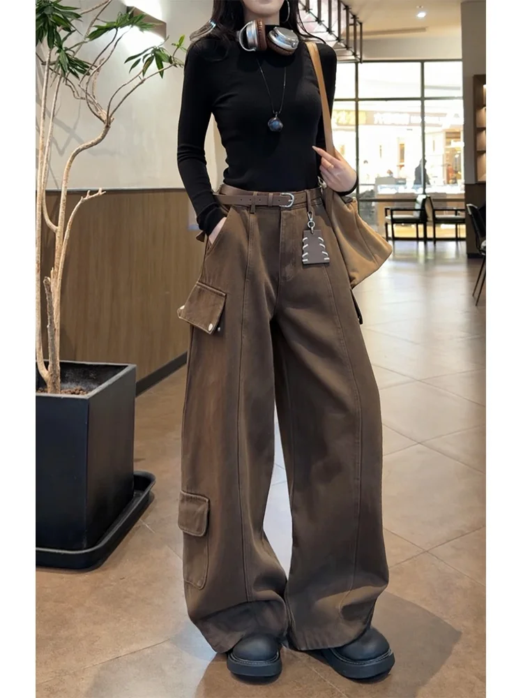 

Утепленные джинсовые рабочие брюки из плотного денима с прямым кроем, американские повседневные брюки с высокой талией из хлопка