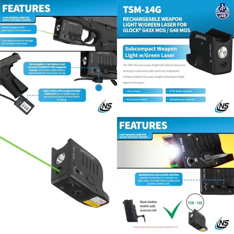 

TSM-14G Sub-Compact Handgun Light w/Green Laser - Li-Ion - Fits Glock G43X MOS/G48 MOS