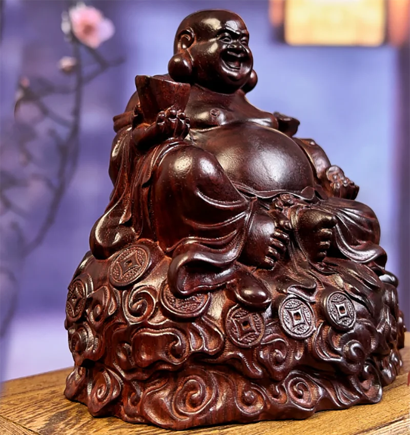 YZ335 - 12.9 X 11.5 X 9 cm Rosewood Carved Figurine - Budddha with Ruyi and Yuan Bao Buddhist