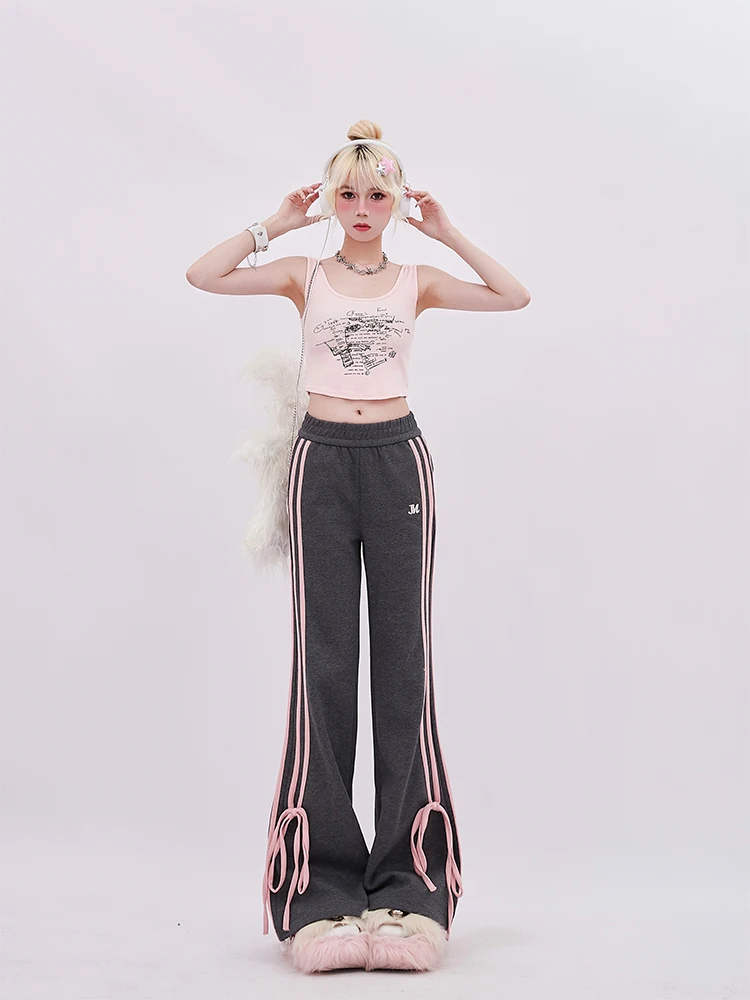 Women Korean Fashion 2000s Aesthetic Sporty Sweat Flare Pants Pantalones Long Trousers Joggers Y2k Kpop Vintage Chic Cute Core