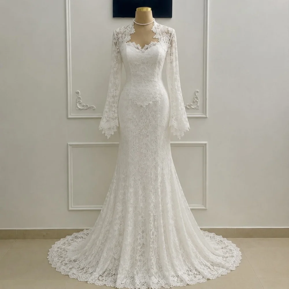 Maßgeschneiderte Hochwertige Langarm-Brautkleider Spitze Meerjungfrau-Stil Plissiert Bodenlang Elegant Moderner Stil