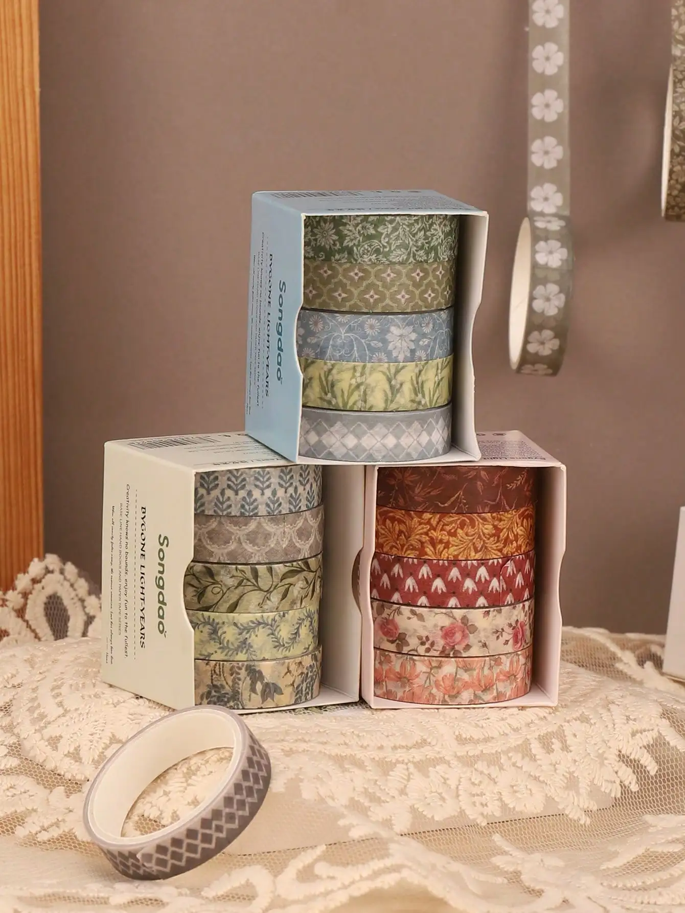 5rolls/Box Vintage Floral Washi Tape Set Aesthetic Decorative Masking Tape for Scrapbooking DIY Journal Planner Decoration Craft