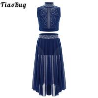 Girls Lyrical Contemporary Dance Set Rhinestones Crop Top Mesh Chiffon Hi-lo Leotard Skirt Gymnastics Ice Skating Ballet Outfit