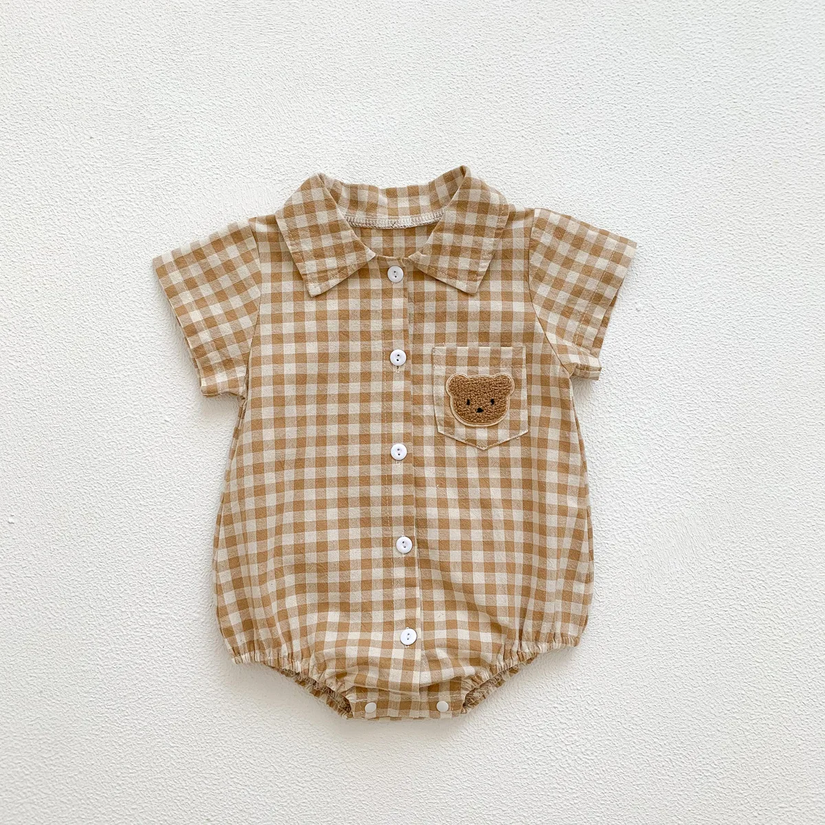 Cute jumpsuits kids Baby Clothing BodySuits Summer Short Sleeve Plaid Embroidery Bear Outfits Infant Kids Handsome Boy Suit