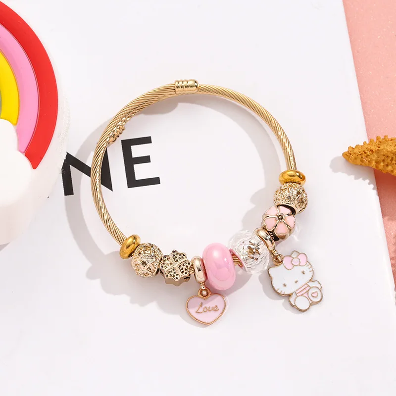 Sanrio Cartoon Hole Kitty bracciale bracciale Pandora regolabile in acciaio inossidabile per le donne regalo di compleanno con ciondolo a cuore di