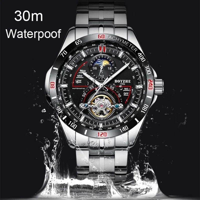 Boyzhe Mannen Skelet Mechanische Automatische Horloges 3 Bar Waterdicht Maanfase Horloge Roestvrij Stalen Band Heren Luxe Horloges