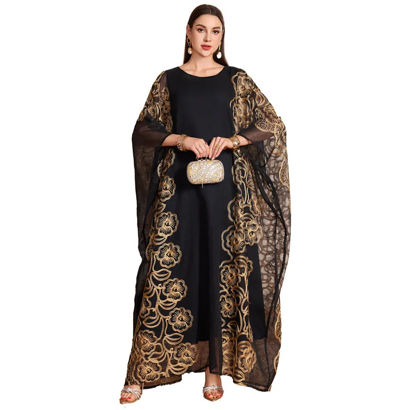 KY907 Muslim Embroidered Long Sleeve Loose Swing Dress