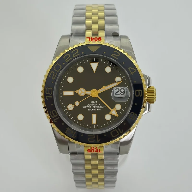 Men's 316L Steel GMT NH34A Watch 40MM Two Tone Gold Case Black Brown Ceramic Insert Date Display Automatic Movement Wrist Watch