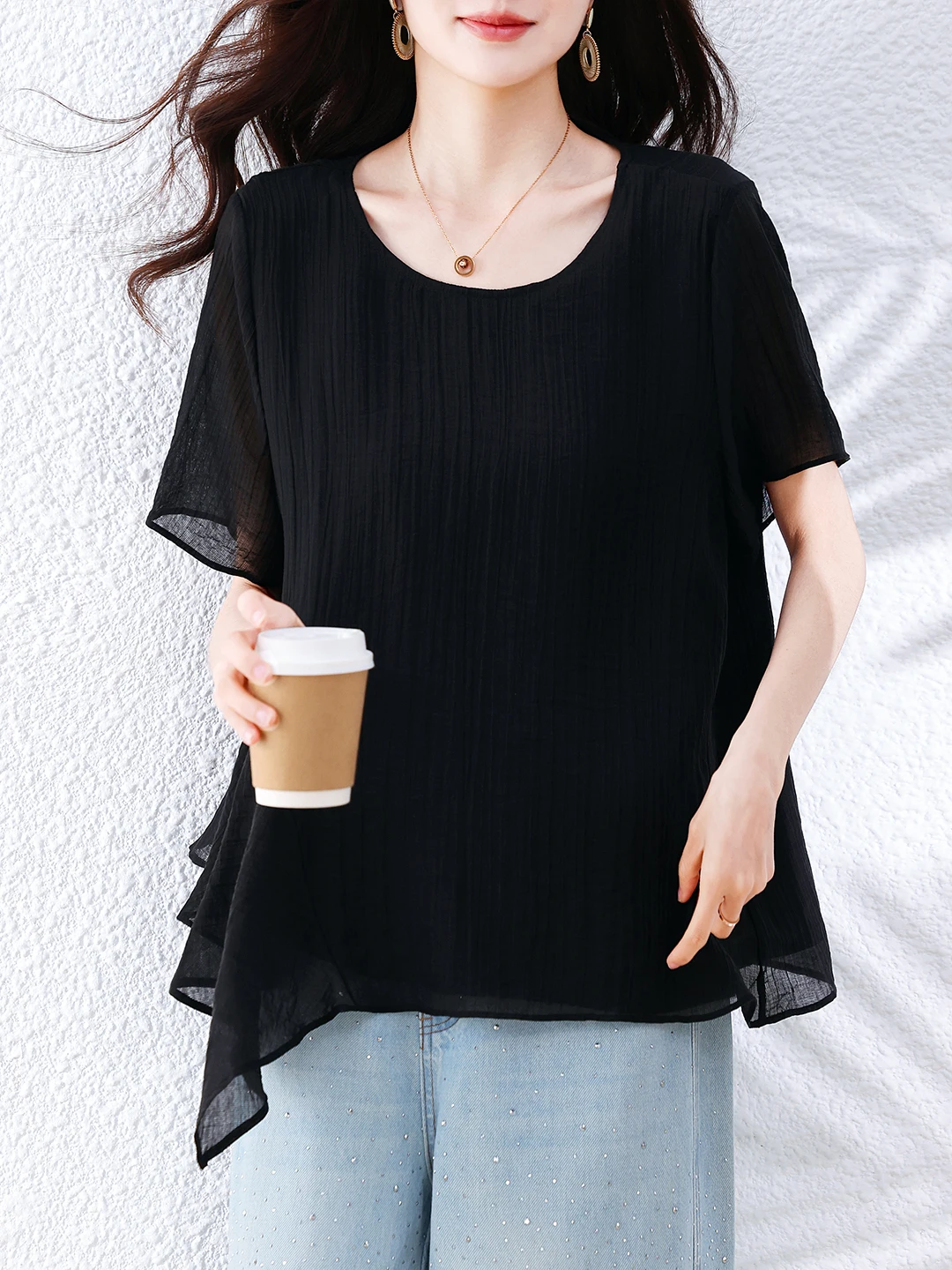Slimming Effect Pure Color round Neck Large Size Fashion Black Chiffon Cool Feeling Women's T-shirt Summer Casual Style Loose...