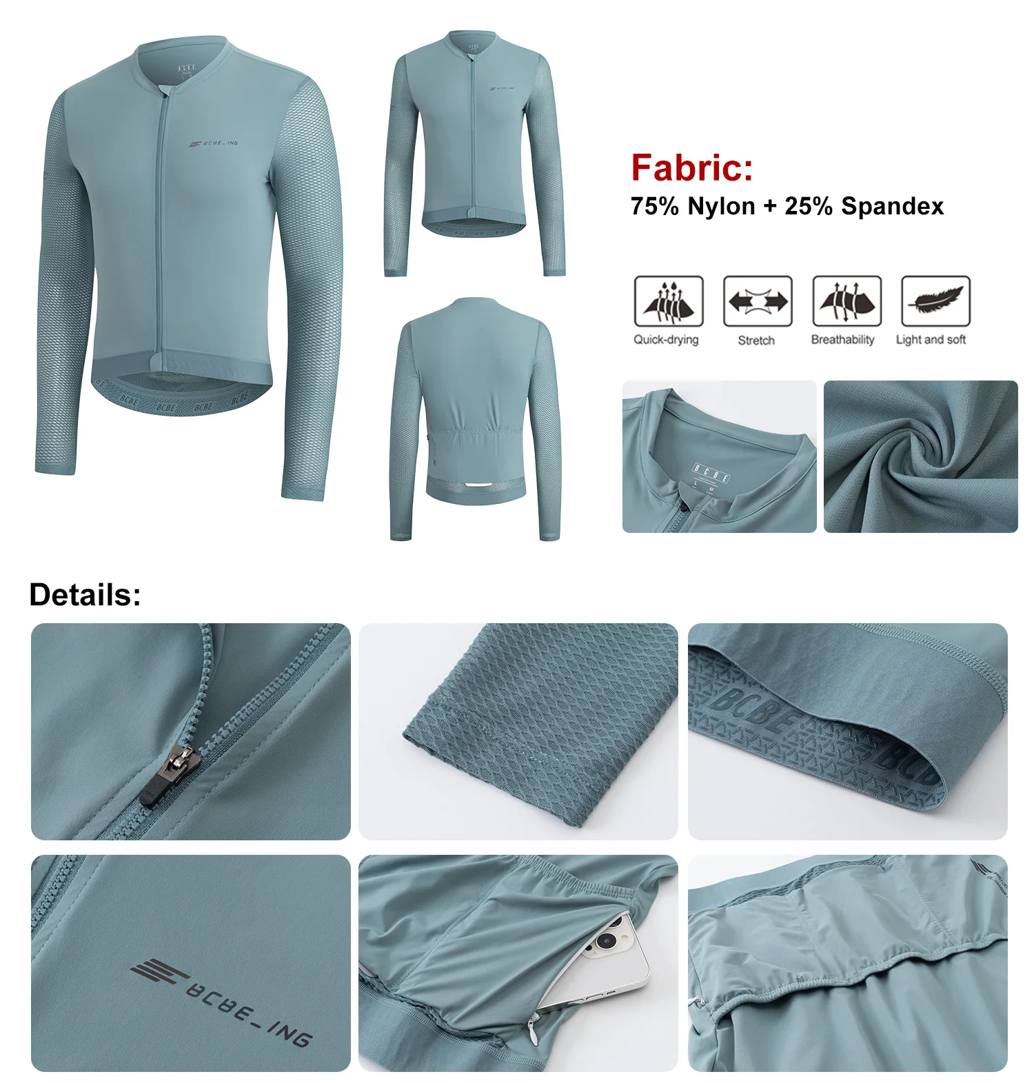 BCBE-ING Leichtes Radtrikot mit langen Ärmeln, atmungsaktives Netzgewebe, Fahrradbekleidung, schnell trocknende Fahrradbekleidung, Rennrad-Shirts – Detail 2