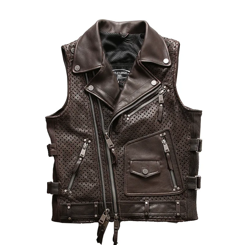 Motorcycle lapel fashion genuine leather vest for men black brown cowhide mesh waistcoat Sleeveless leather jackets