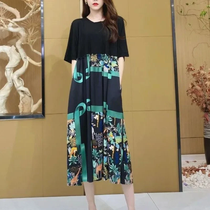 

Summer New Round Neck Fashion Short Sleeve Midi Dress Women High Street Casual Loose Dresses Printing Pockets Patchwork Vestidos