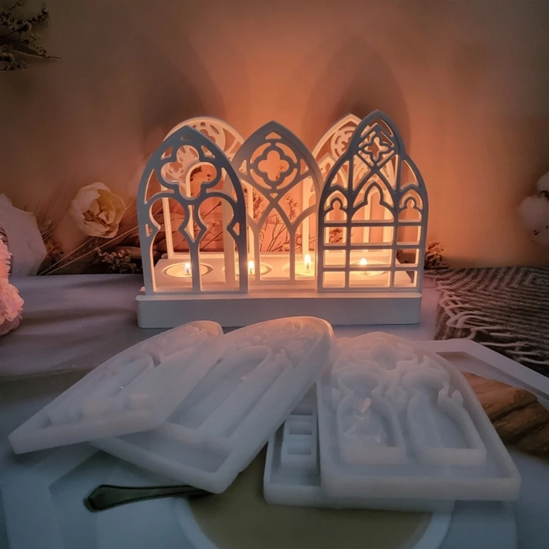 5pcs Silicone Moulds House Shape Candlesticks Resins Molds Gothic House Candle Holder Silicone Molds DIY Castings Mould