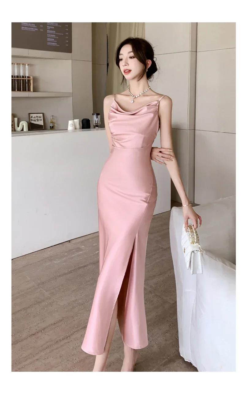 Elegant Party Black Satin Midi Dresses for Women 2024 Summer New Sexy Fashion Bodycon Sleeveless Split Strap Female Clothing