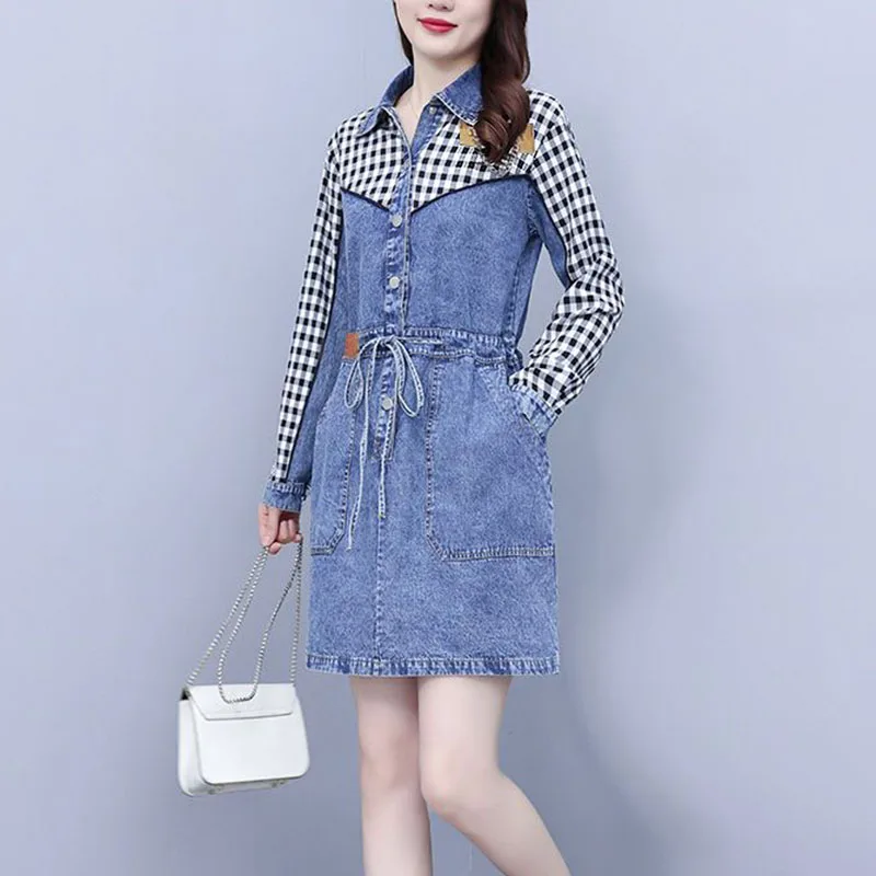 New Women's Plaid T-Shirt Denim Dress Spring Autumn Loose Casual Long-Sleeved Dresses Long Oversized Fashion Female Dresses 5XL