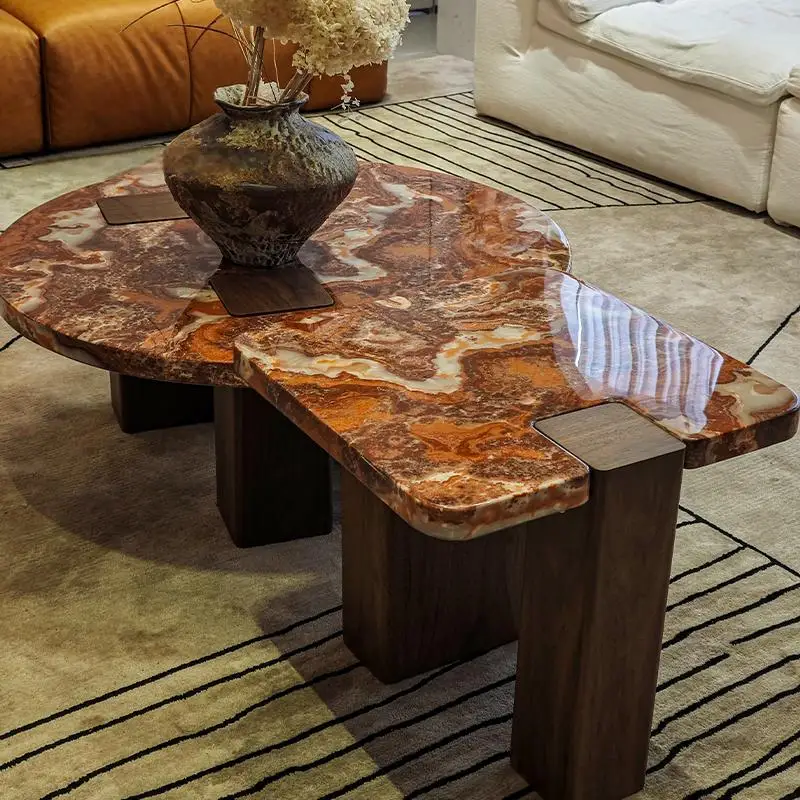 Designer Round Table with Natural Veining, Heat&Scratch Resistant Italian Luxury Dragon Red Marble Coffee Table Set
